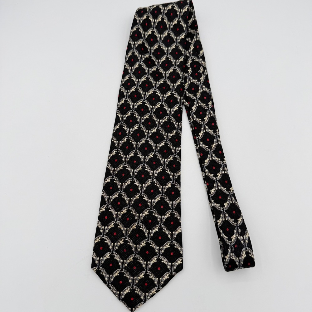 Korean Air Mens Black Red Geometric Pattern Silk Neck Tie